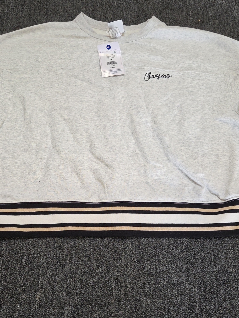(#2C) Champion Light Gray Crewneck Sweater with Black and Cream Stripe Hem